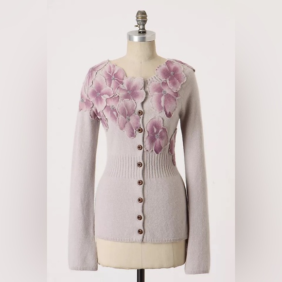 Anthropologie Precious Peony Floral Embellished Cardigan sweater Cashmere Rabbit - Picture 1 of 11